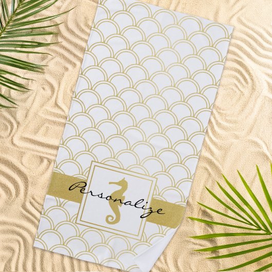 Art Deco Ocean Wave Patten Gold Glitter Seahorse Strandlaken