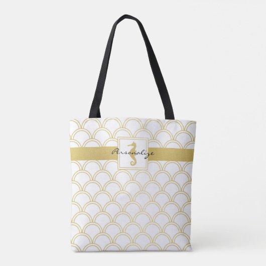Art Deco Ocean Wave Patten Gold Glitter Seahorse Tote Bag (Achterkant)