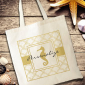 Art Deco Ocean Wave Patten Gold Glitter Seahorse Tote Bag