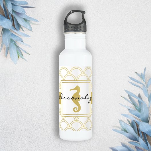 Art Deco Ocean Wave Patten Gold Glitter Seahorse Waterfles