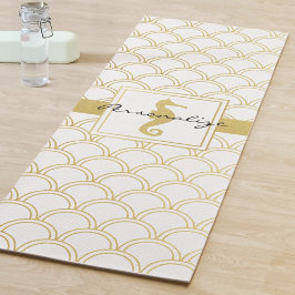 Art Deco Ocean Wave Patten Gold Glitter Seahorse Yogamat
