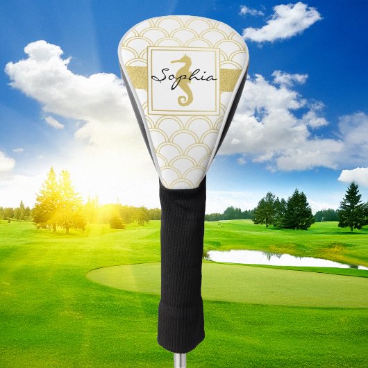 Art Deco Ocean Wave Patten Gold Seahorse Beach Golfheadcover