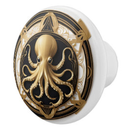 Art Deco Octopus Zwart Wit Goud Nautisch Keramische Knop