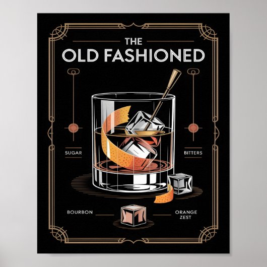 Art Deco Old Fashioned Cocktail Muur Poster (Voorkant)
