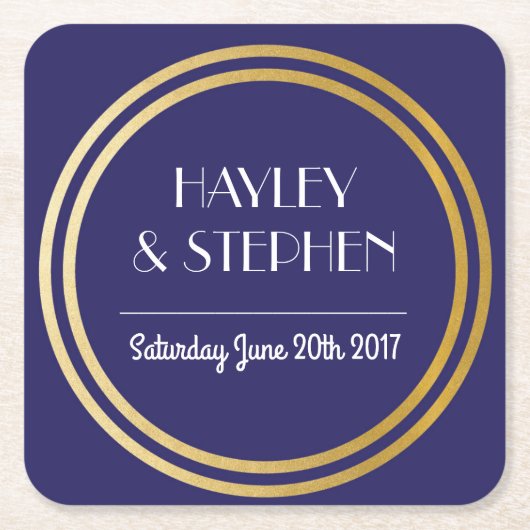 Art Deco Onderzetters Navy Gold Circle Wedding Par (Voorkant)