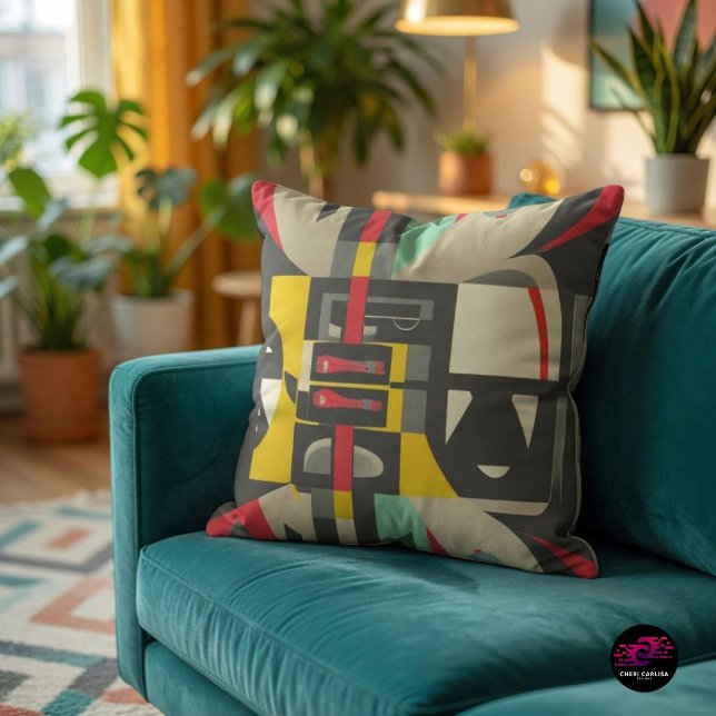 Art Deco ontmoet Mid-Century Modern Kussen (Mid-Century Modern color meets bold Art Deco geometry in one striking accent pillow.)
