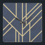 Art Deco-ontwerp Vierkante Klok<br><div class="desc">Abstract geometrisch ontwerp in Art Deco-stijl met gouden lijndecoratie op de blauwe achtergrond van de grote marine</div>