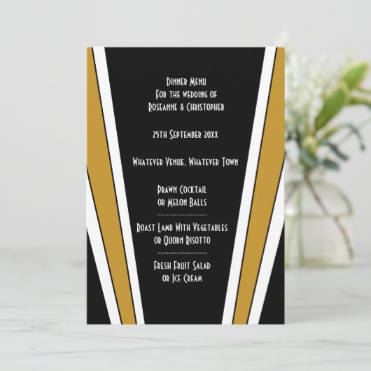 Art Deco Ontwerp Zwart en Goud bruiloft Menu (Staand voorkant)