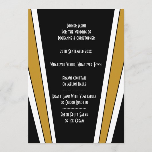 Art Deco Ontwerp Zwart en Goud bruiloft Menu (Voorkant)