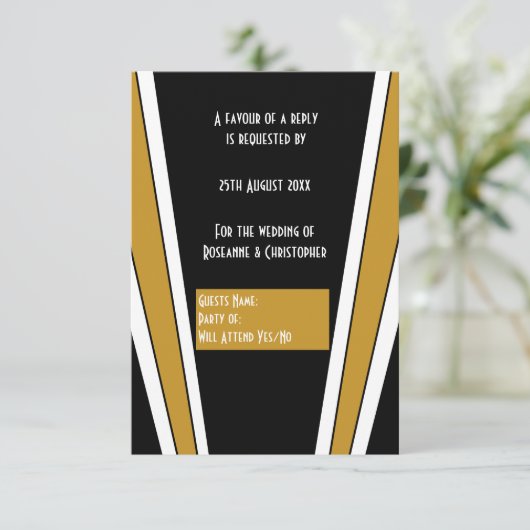 Art Deco Ontwerp Zwart en Goud bruiloft RSVP Kaartje (Staand voorkant)