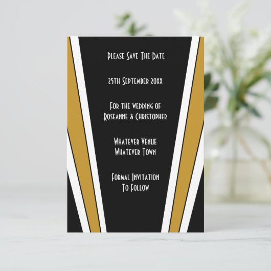 Art Deco ontwerp zwart en goud bruiloft Save The Date (Staand voorkant)