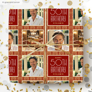Art Deco op maat gemaakte foto verjaardag rood gou Cadeaupapier