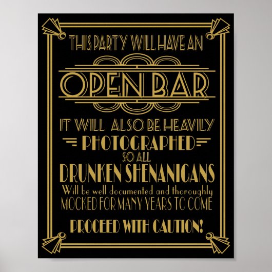 ART Deco Open bar sign for 1920's Gatsby Party Poster (Voorkant)