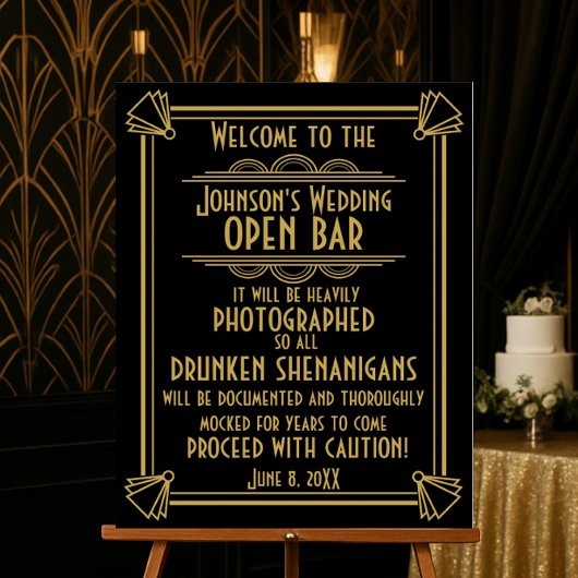 ART Deco Open bar sign for 1920's Gatsby Party Poster