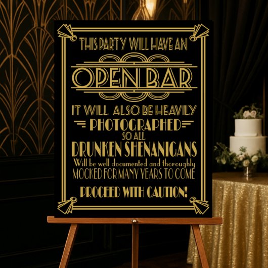 ART Deco Open bar sign for 1920's Gatsby Party Poster