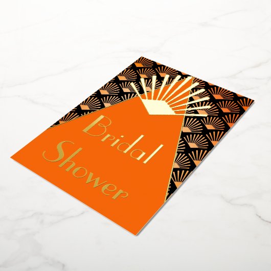 Art Deco Orange Black Gold Bridal Shower  Folie Uitnodiging (Gedraaid)