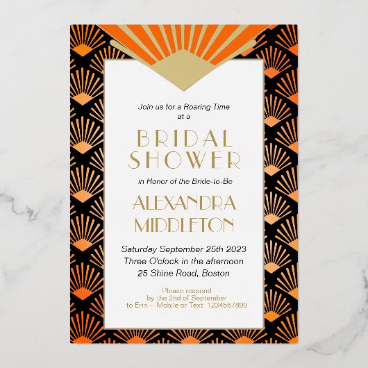 Art Deco Orange Black Gold Bridal Shower  Folie Uitnodiging (Achterkant)