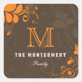 Art Deco Oranje Swirls Monogram Thanksgiving Parti Vierkante Sticker (Voorkant)
