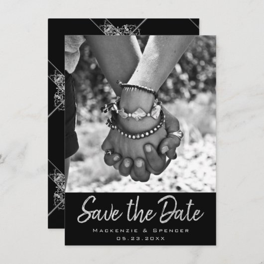 Art Deco Ornamental | Geometrisch zwart en zilver Save The Date (Voorkant / Achterkant)