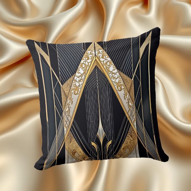 Art Deco Oud Goud Zwart Geometrisch kant Ontwerp Kussen (Creator heeft geüpload)