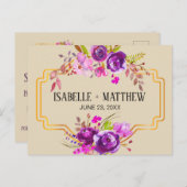 Art Deco Paarse Bloemen Waterverf Save the Date Aankondigingskaart (Voorkant / Achterkant)