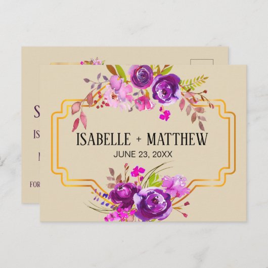 Art Deco Paarse Bloemen Waterverf Save the Date Aankondigingskaart (Voorkant / Achterkant)