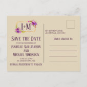 Art Deco Paarse Bloemen Waterverf Save the Date Aankondigingskaart (Achterkant)