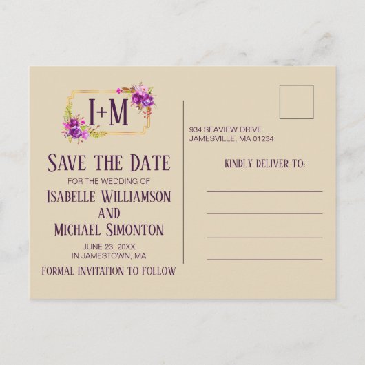 Art Deco Paarse Bloemen Waterverf Save the Date Aankondigingskaart (Achterkant)