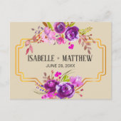 Art Deco Paarse Bloemen Waterverf Save the Date Aankondigingskaart (Voorkant)