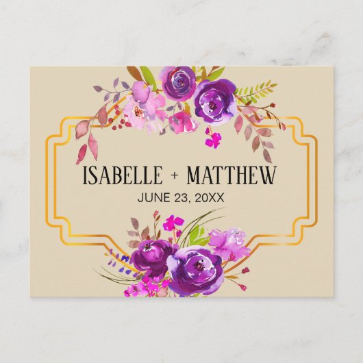 Art Deco Paarse Bloemen Waterverf Save the Date Aankondigingskaart (Voorkant)