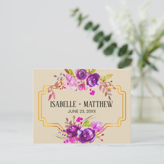 Art Deco Paarse Bloemen Waterverf Save the Date Aankondigingskaart (Staand voorkant)