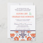 Art Deco Paarse en Oranje Bloemenbruiloft Kaart (Voorkant)