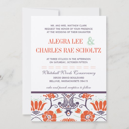 Art Deco Paarse en Oranje Bloemenbruiloft Kaart (Voorkant)