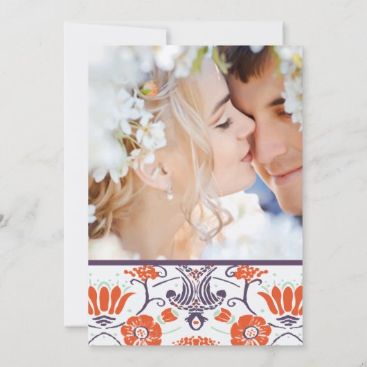 Art Deco Paarse en Oranje Bloemenbruiloft Kaart (Achterkant)