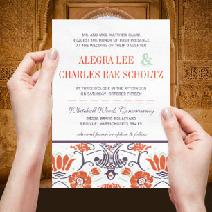 Art Deco Paarse en Oranje Bloemenbruiloft Kaart