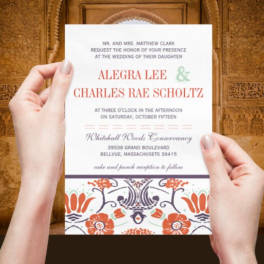 Art Deco Paarse en Oranje Bloemenbruiloft Kaart