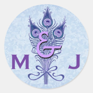 Art Deco Paarse Pauw Veren Monogram Huwelijk Ronde Sticker