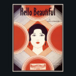Art Deco-pagina Muziek Hallo prachtig Poster<br><div class="desc">Kunstdeco retro design uit het Jazz-tijdperk van flappers en speakersies. Mooie meid op de achtergrond van retro-cirkels op tinten van rood, grijs, crème en zwart. Uit velmuziek van componist Walter Donaldson. Antiek muziekkunst voor je muren.</div>