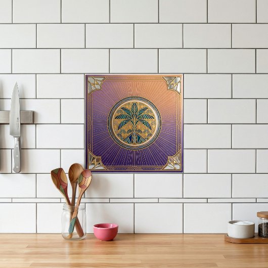 Art Deco Palm Tree Sunrise Gradient Ceramic Tile Tegeltje