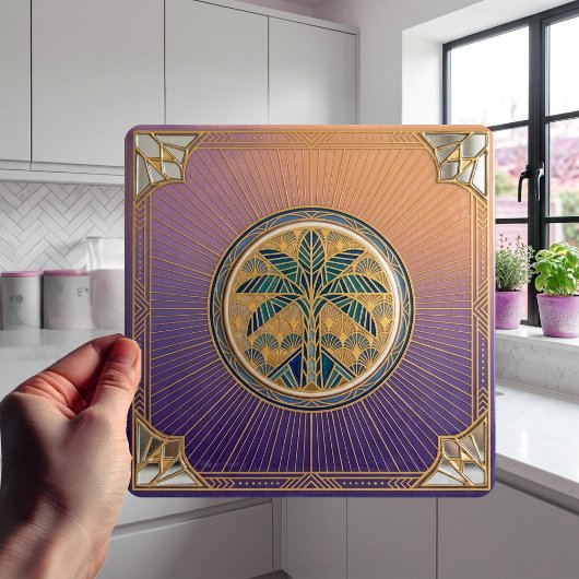 Art Deco Palm Tree Sunrise Gradient Ceramic Tile Tegeltje