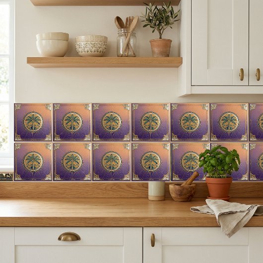 Art Deco Palm Tree Sunrise Gradient Ceramic Tile Tegeltje