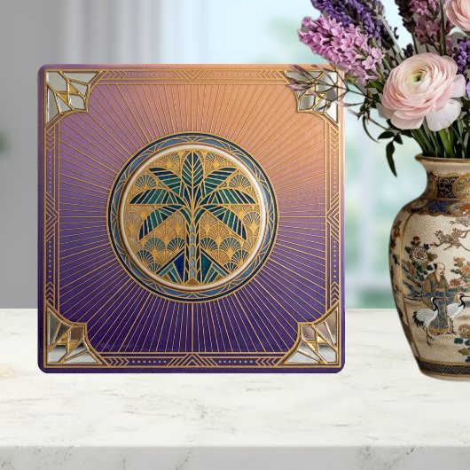 Art Deco Palm Tree Sunrise Gradient Ceramic Tile Tegeltje