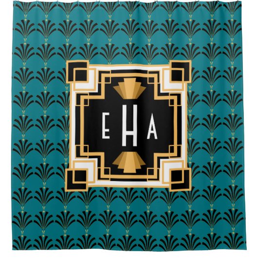 Art Deco Palmetto Patroon Monogram Douchegordijn (Voorkant)