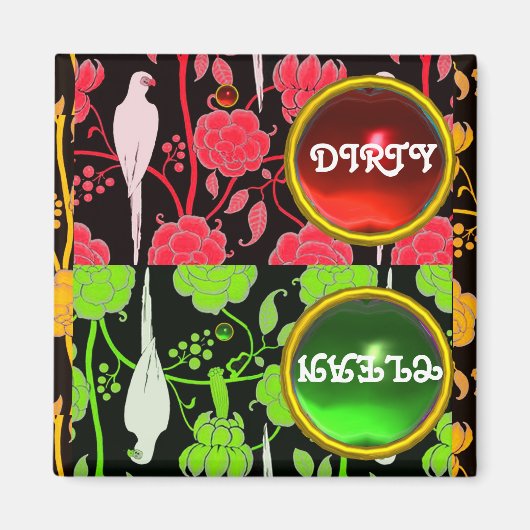 ART DECO PAPEGAAIEN, RODE GROENE BLOEMEN  VUILE SC MAGNEET (Voorkant)