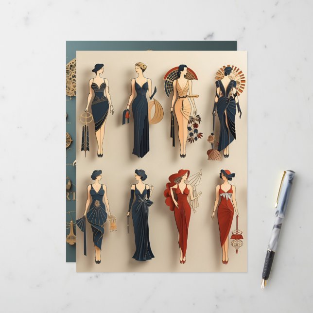 Art Deco Papier Poppen Scrapbook Papier (Voorkant / Achterkant in situ)