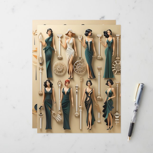 Art Deco Papier Poppen Scrapbook Papier (Voorkant / Achterkant in situ)