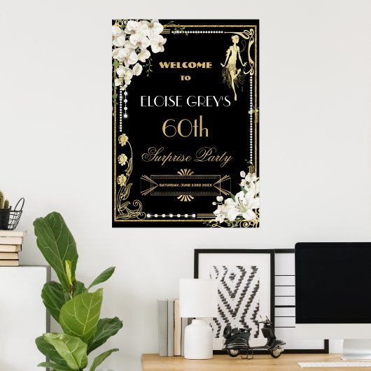 Art Deco Parels Wit Bloemen Gatsby 20s Welkom Poster (Thuiskantoor)