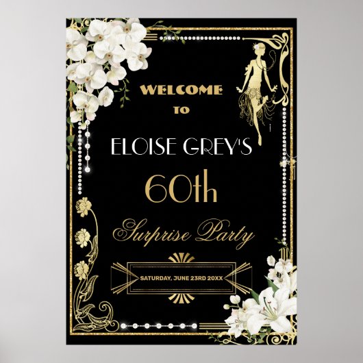 Art Deco Parels Wit Bloemen Gatsby 20s Welkom Poster (Voorkant)