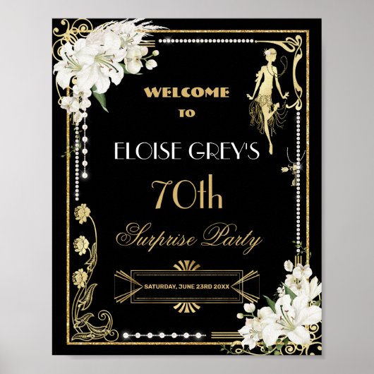 Art Deco Parels Witte Bloemen Gatsby 20s Welkom Poster (Voorkant)