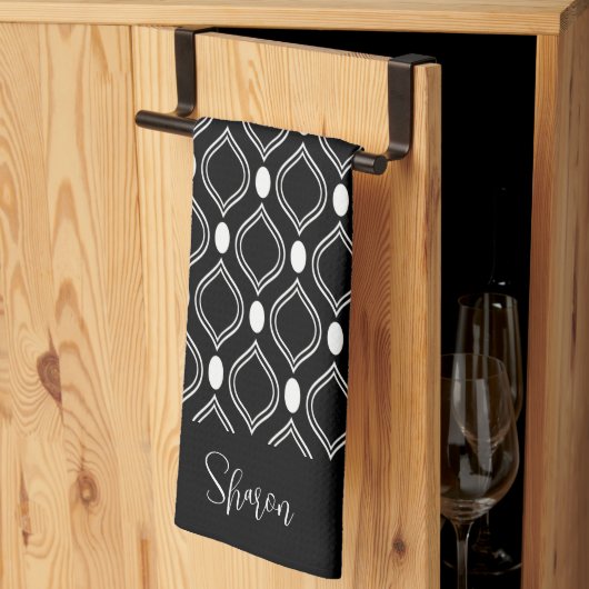 Art Deco Parels Zwart En Wit Monogram Theedoek (Derde Gevouwen)